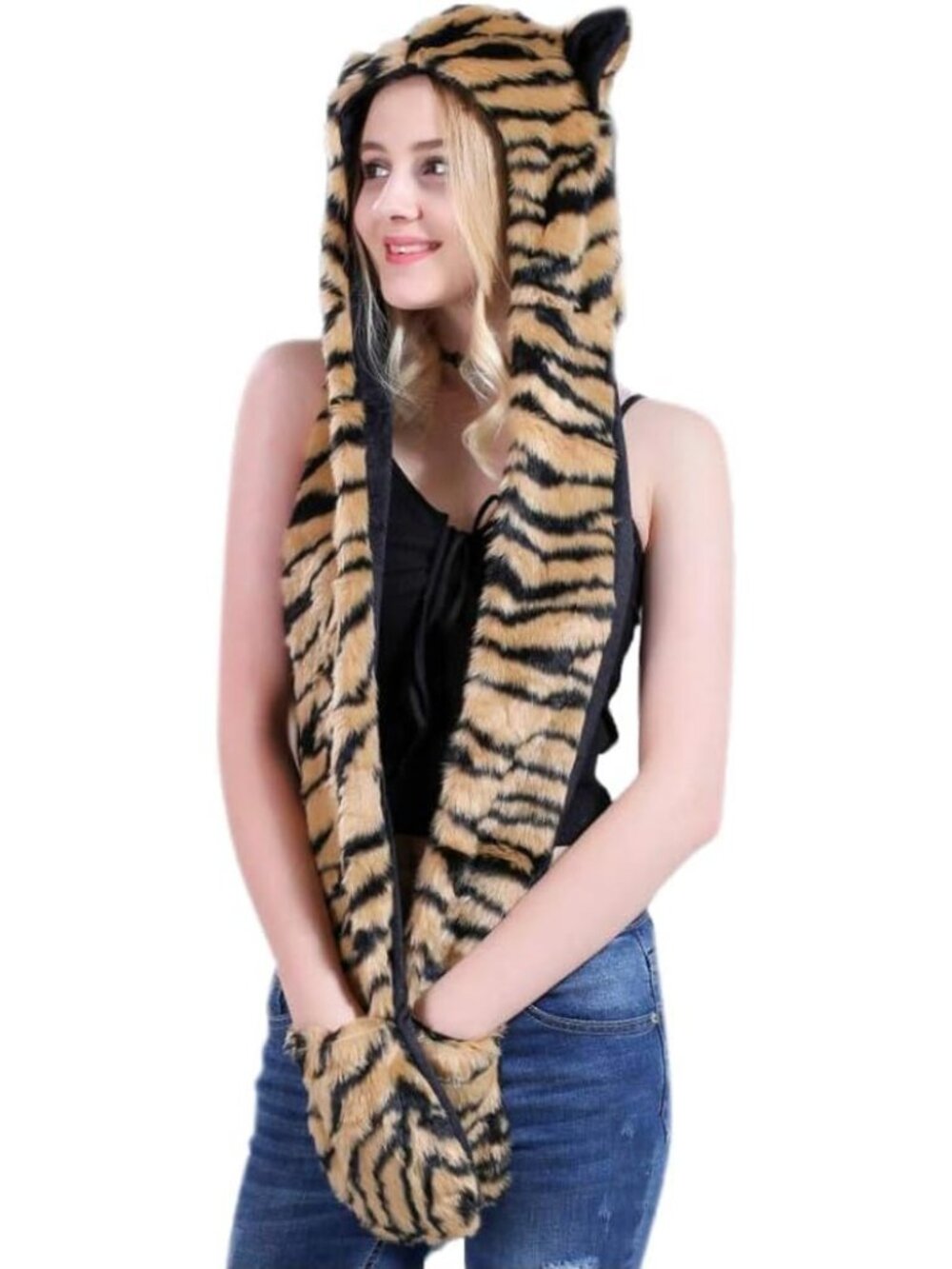 Faux Fur Hoodie with Scarf and Mittens, Unisex One Size, Winter Costume